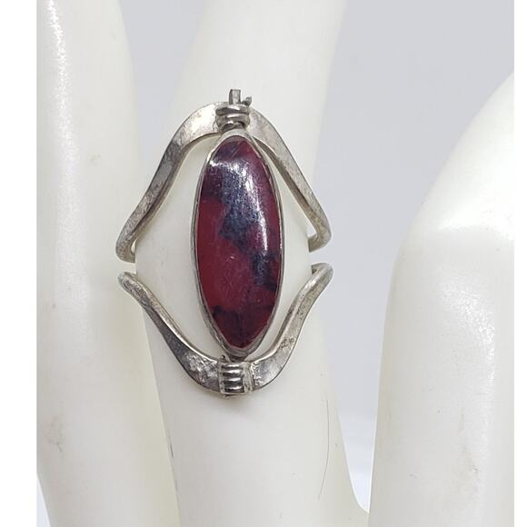 Handmade Jewelry - Vintage Silver Plate Ring Reversible Mod Red Jasper & MOP Stone 1970 Spins